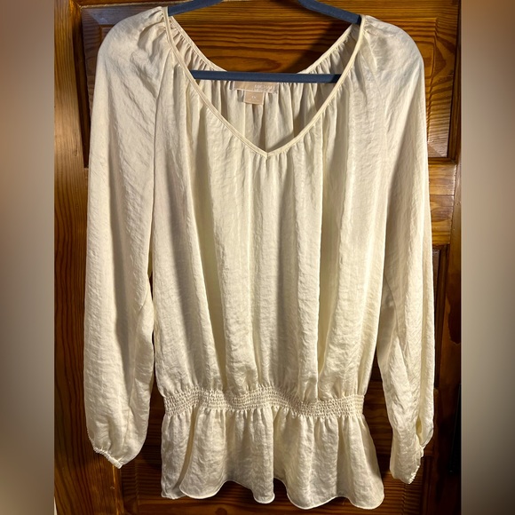Michael Kors Beige V-Neck Dressy Blouse Top Smocked Low Peplum Waist 1XL - Picture 1 of 7